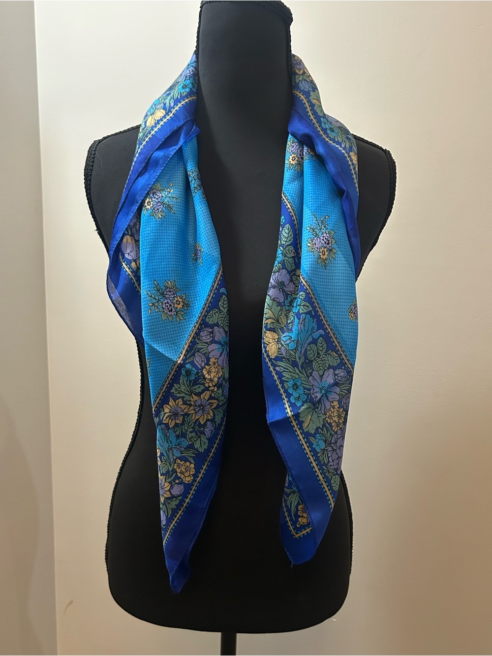 Vintage Blue Floral Square Scarf 30x30 Satin Feel Cottagecore Boho